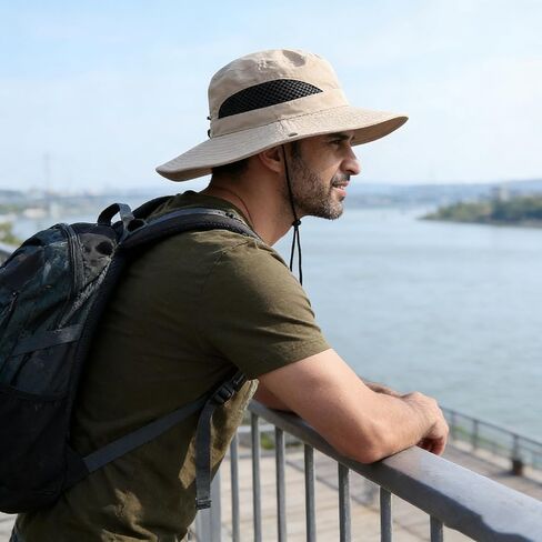 Men's Wide Brim Sun Hat UV Protection Fishing Hat with Breathable Mesh Adjustable Wind Lanyard & Foldable Design for Hiking, Beach & Outdoor Activities (Khaki) in Saudi Arabia