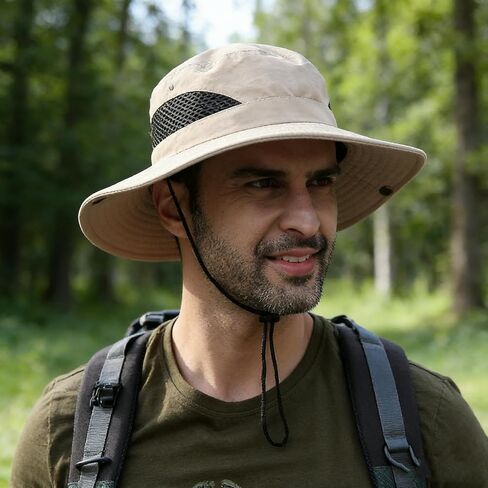 Men's Wide Brim Sun Hat UV Protection Fishing Hat with Breathable Mesh Adjustable Wind Lanyard & Foldable Design for Hiking, Beach & Outdoor Activities (Khaki) in Saudi Arabia