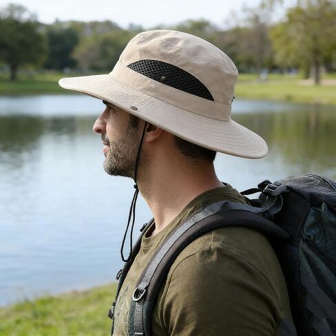 Men's Wide Brim Sun Hat UV Protection Fishing Hat with Breathable Mesh Adjustable Wind Lanyard & Foldable Design for Hiking, Beach & Outdoor Activities (Khaki) in Saudi Arabia