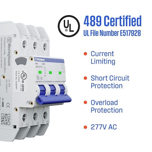 قاطع دائرة مصغر Westinghouse UL 489 AC، 25 أمبير، 3 أقطاب، منحنى D، 10 كيلو أمبير، 480Y/277 فولت تيار متردد، غير مستقطب، مدرج في قائمة UL، قاطع السكك الحديدية DIN مع رحلة مغناطيسية حرارية in Saudi Arabia