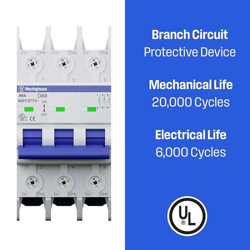 قاطع دائرة مصغر Westinghouse UL 489 AC، 25 أمبير، 3 أقطاب، منحنى D، 10 كيلو أمبير، 480Y/277 فولت تيار متردد، غير مستقطب، مدرج في قائمة UL، قاطع السكك الحديدية DIN مع رحلة مغناطيسية حرارية in Saudi Arabia