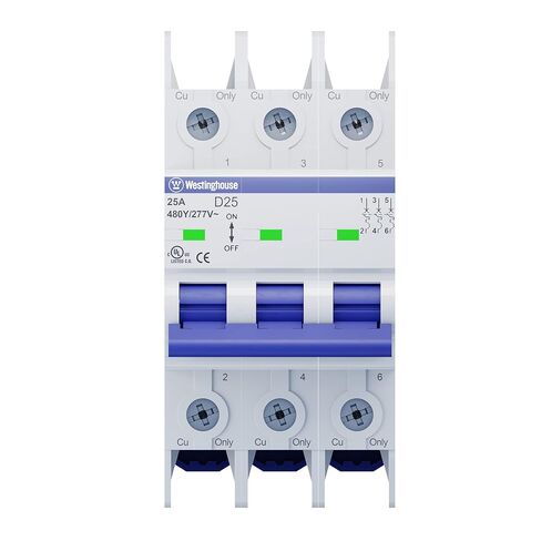 قاطع دائرة مصغر Westinghouse UL 489 AC، 25 أمبير، 3 أقطاب، منحنى D، 10 كيلو أمبير، 480Y/277 فولت تيار متردد، غير مستقطب، مدرج في قائمة UL، قاطع السكك الحديدية DIN مع رحلة مغناطيسية حرارية in Saudi Arabia