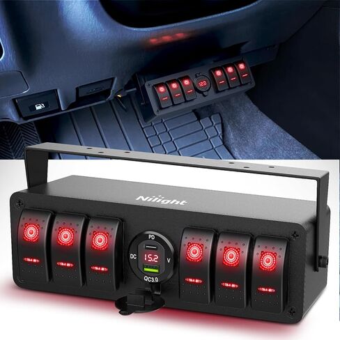 Nilight 6 Gang Rocker Switch Box 12V SPST ON Off Toggle Switches PD Type C and QC 3.0 USB Charger Voltmeter LED Light Waterproof Aluminum Mount Bracket Panel DIY Stickers for Boat Car RV Truck in Saudi Arabia