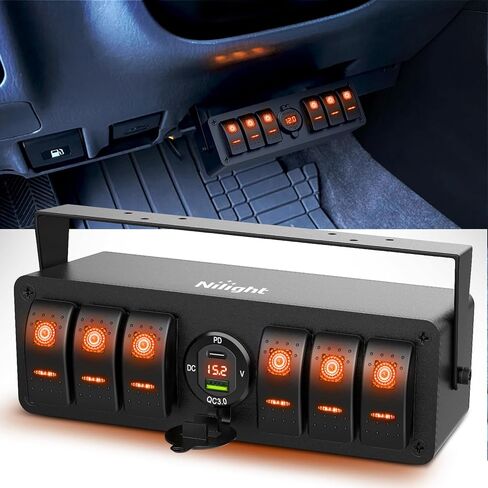 Nilight 6 Gang Rocker Switch Box 12V SPST ON Off Toggle Switches PD Type C and QC 3.0 USB Charger Voltmeter LED Light Waterproof Aluminum Mount Bracket Panel DIY Stickers for Boat Car RV Truck in Saudi Arabia