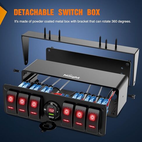 Nilight 6 Gang Rocker Switch Box 12V SPST ON Off Toggle Switches PD Type C and QC 3.0 USB Charger Voltmeter LED Light Waterproof Aluminum Mount Bracket Panel DIY Stickers for Boat Car RV Truck in Saudi Arabia
