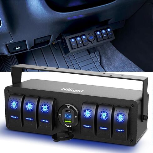 Nilight 6 Gang Rocker Switch Box 12V SPST ON Off Toggle Switches PD Type C and QC 3.0 USB Charger Voltmeter LED Light Waterproof Aluminum Mount Bracket Panel DIY Stickers for Boat Car RV Truck in Saudi Arabia