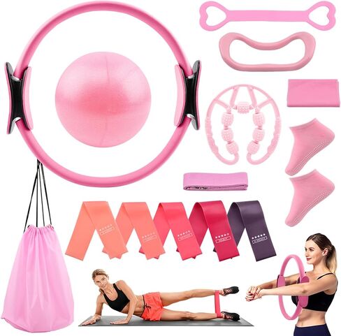 Pilates Essentials Kit for Women, 14 Pcs Home Workout Equipment with Pilates Circle Ball Ring Set Resistance Bands and Anti Slip Sock, Yoga Pilate Essentials Accessories in Saudi Arabia