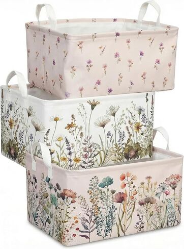 3 Pcs Pink Bow Storage Basket, Coquette Girls Rectangle Storage Bins Box with Handles, Bows and Chery Shelf Basket Ideal for Room Nursery Decor, Books, Organizing Clothes, Toys in Kuwait