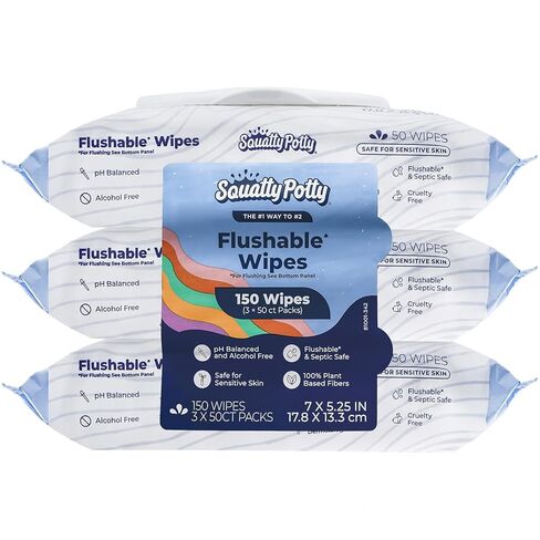 Squatty Potty Flushable Wipes - 3 Pack (150 Total Wipes) - 99% Water & Plant-Based - Green Tea, Cucumber & Aloe Spa Scent - pH Balanced - Septic Safe Adult Wet Wipes in Saudi Arabia