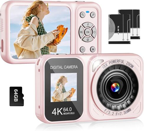 الكاميرا الرقمية ، كاميرا شاشات مزدوجة 4K 64 ميجابكسل ، تكبير 18x ، نقطة واطلاق النار على الكاميرا الرقمية مع بطاقة TF 64 جيجابايت وبطاريتين ، كاميرا صغيرة قابلة لإعادة الشحن للأطفال المراهقين البالغين ، الأسود in Saudi Arabia