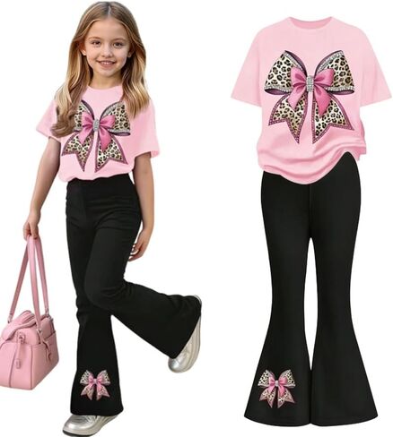 Girls Long Sleeve Sweatshirt 2 Piece, Bow Graphic Top and Pants Spring Fall Fashion Casual Clothes. in Kuwait