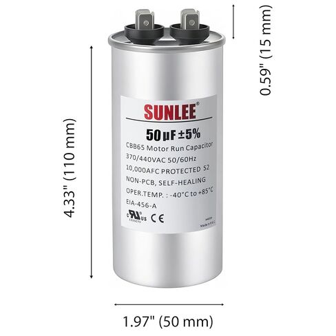 مكثف تشغيل SUNLEE UL معترف به 50 فائق التوهج (50 MFD) 370/440 VAC CBB65، 50/60 هرتز، بديل موثوق لمحرك مروحة مكثف التيار المتردد، المضخة الحرارية أو مضخة حمام السباحة in Kuwait