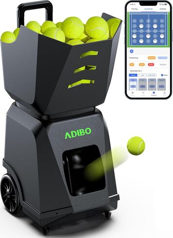 ADIBO Tennis Ball Machine, Dual Motor for Topspin and Backspin, 160-180 Balls, Max 87MPH, Built-in Lithium Battery with 6 Hours of Continuous Operatio (Black) in Kuwait