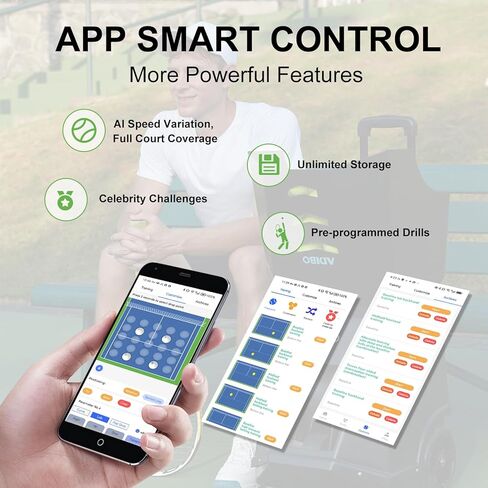 آلة كرة التنس ADIBO، محرك مزدوج للدوران العلوي والدوران الخلفي، 160-180 كرة، بحد أقصى 87 ميلاً في الساعة، بطارية ليثيوم مدمجة مع 6 ساعات من التشغيل المستمر (أسود T500) in Kuwait