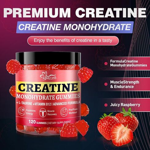 Creatine Gummies for Women & Men Low Sugar Creatine Supplements, Help Build Muscle Creatine Monohydrate Gummies Raspberry Flavor Supports Muscle Growth and Enhances Strength 120 Count in Kuwait