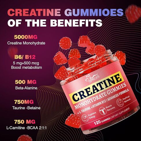 Creatine Gummies for Women & Men Low Sugar Creatine Supplements, Help Build Muscle Creatine Monohydrate Gummies Raspberry Flavor Supports Muscle Growth and Enhances Strength 120 Count in Kuwait