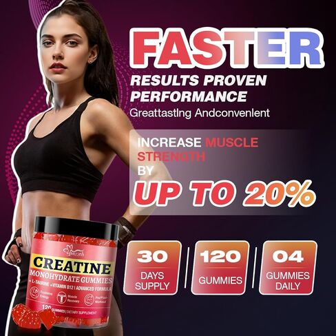 Creatine Gummies for Women & Men Low Sugar Creatine Supplements, Help Build Muscle Creatine Monohydrate Gummies Raspberry Flavor Supports Muscle Growth and Enhances Strength 120 Count in Kuwait
