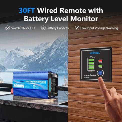 GIANDEL 2000W Pure Sine Wave Power Inverter DC 12V to AC 120V with a Hard Wire Terminal Block and Big LCD Display Wired Remote Controller Dual 2.4A USB Ports FCC Approved for Emergency Solar System in Kuwait