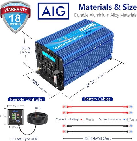 GIANDEL 2000W Pure Sine Wave Power Inverter DC 12V to AC 120V with a Hard Wire Terminal Block and Big LCD Display Wired Remote Controller Dual 2.4A USB Ports FCC Approved for Emergency Solar System in Kuwait