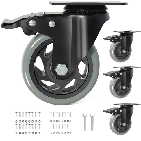 5 Inch Caster Wheels, Set of 4 Heavy Duty Swivel Plate Casters with Brake, Silent Polyurethane Castor Wheels for Furniture and Workbench Cart, Green in Saudi Arabia