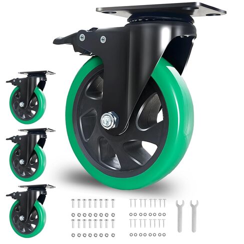5 Inch Caster Wheels, Set of 4 Heavy Duty Swivel Plate Casters with Brake, Silent Polyurethane Castor Wheels for Furniture and Workbench Cart, Green in Saudi Arabia