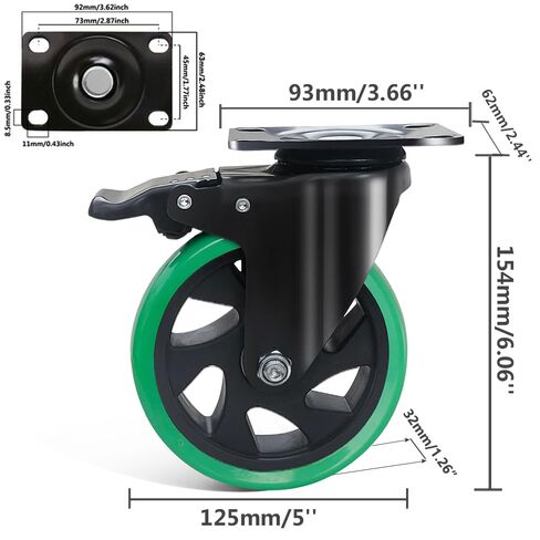5 Inch Caster Wheels, Set of 4 Heavy Duty Swivel Plate Casters with Brake, Silent Polyurethane Castor Wheels for Furniture and Workbench Cart, Green in Saudi Arabia