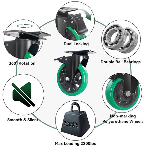 5 Inch Caster Wheels, Set of 4 Heavy Duty Swivel Plate Casters with Brake, Silent Polyurethane Castor Wheels for Furniture and Workbench Cart, Green in Saudi Arabia