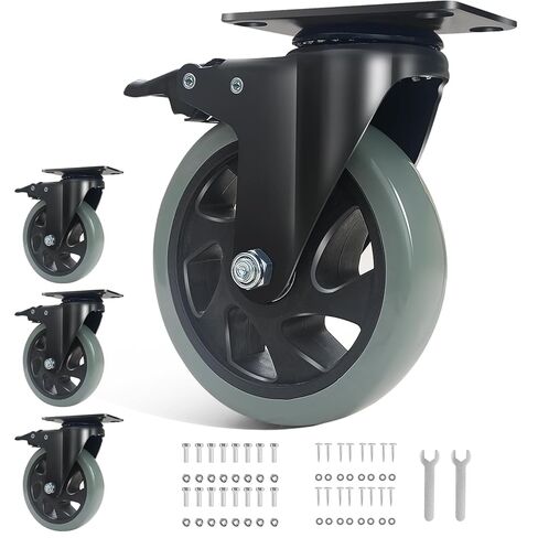5 Inch Caster Wheels, Set of 4 Heavy Duty Swivel Plate Casters with Brake, Silent Polyurethane Castor Wheels for Furniture and Workbench Cart, Green in Saudi Arabia