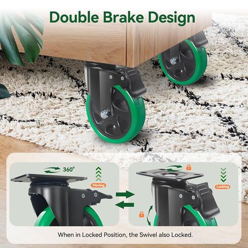 5 Inch Caster Wheels, Set of 4 Heavy Duty Swivel Plate Casters with Brake, Silent Polyurethane Castor Wheels for Furniture and Workbench Cart, Green in Saudi Arabia