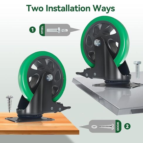 5 Inch Caster Wheels, Set of 4 Heavy Duty Swivel Plate Casters with Brake, Silent Polyurethane Castor Wheels for Furniture and Workbench Cart, Green in Saudi Arabia