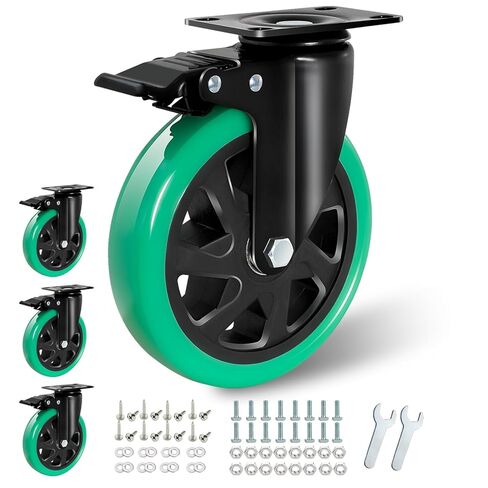 5 Inch Caster Wheels, Set of 4 Heavy Duty Swivel Plate Casters with Brake, Silent Polyurethane Castor Wheels for Furniture and Workbench Cart, Green in Saudi Arabia