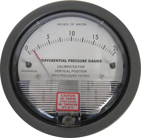 مقياس الضغط التفاضلي، 0-20 بوصة من الماء، هيكل من الألومنيوم، دقة ±2%، 1/8 بوصة أنثى NPT، 15 رطل لكل بوصة مربعة، لتطبيقات الهواء والغاز in Kuwait