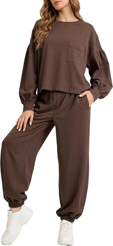 طقم نسائي مكون من قطعتين بأكمام واسعة وسروال رياضي متطابق، طقم مريح للسفر للاستخدام اليومي in Kuwait