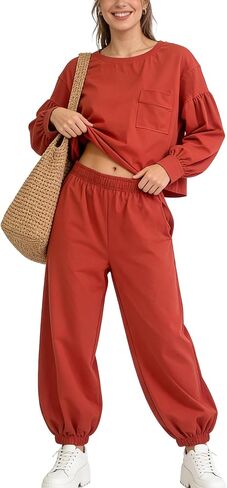 Women’s 2 Piece Lounge Set Lantern Sleeve Top Jogger Pants Matching Set Comfy Travel Everyday Outfit in Saudi Arabia