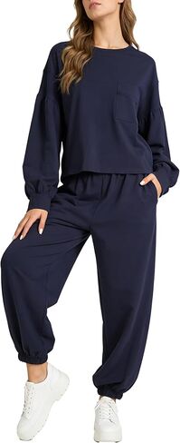Women’s 2 Piece Lounge Set Lantern Sleeve Top Jogger Pants Matching Set Comfy Travel Everyday Outfit in Saudi Arabia
