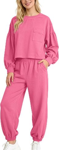 Women’s 2 Piece Lounge Set Lantern Sleeve Top Jogger Pants Matching Set Comfy Travel Everyday Outfit in Saudi Arabia
