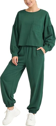 Women’s 2 Piece Lounge Set Lantern Sleeve Top Jogger Pants Matching Set Comfy Travel Everyday Outfit in Saudi Arabia