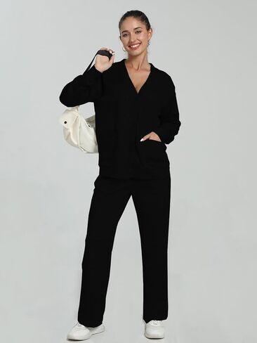 Women 2 Piece Outfits V-Neck Top Wide Leg Pants Set Lounge Travel Vacation Sweatsuits in Saudi Arabia