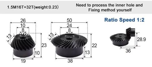 1 Set 45# Steel .5M 16T to 32T Spiral Bevel Gear M1.5 Modulus 1:2 90 Degrees Differential Same Ratio Diameter 6mm 8mm Hole in Saudi Arabia