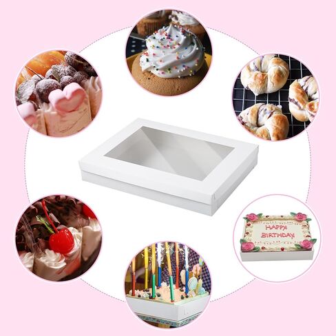 5 مجموعات من علب الكيك الكاملة مقاس 26 × 18 × 4 بوصة مع ألواح الكيك وشريط الساتان الوردي، صناديق خبز مستطيلة كبيرة مع نافذة، صناديق خبز بيضاء لتغليف فطائر الكب كيك والمافن in Saudi Arabia