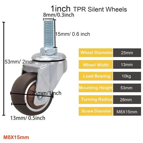 1" Swivel Stem Threaded Casters,TPR Mute Caster Wheel M8X15 Stem Threaded Mini Casters Without Brake-Brown in Saudi Arabia