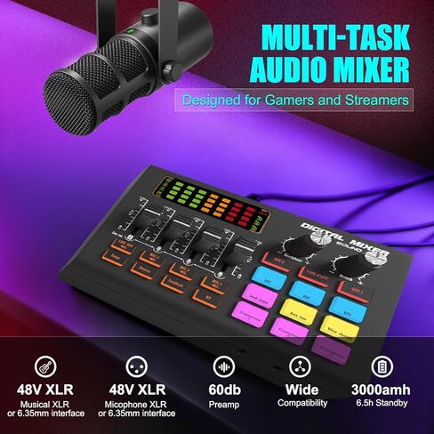 X10 Gaming Audio Mixer,3000mAh Audio Interface for PC Podcast Streaming Sound Board XLR Mic Input 2 48V Phantom Power Voice Changer Live Sound Card with DJ Mixer Effects(Black) in Saudi Arabia
