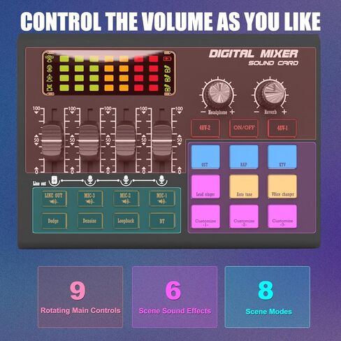 X10 Gaming Audio Mixer,3000mAh Audio Interface for PC Podcast Streaming Sound Board XLR Mic Input 2 48V Phantom Power Voice Changer Live Sound Card with DJ Mixer Effects(Black) in Saudi Arabia
