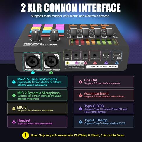 X10 Gaming Audio Mixer,3000mAh Audio Interface for PC Podcast Streaming Sound Board XLR Mic Input 2 48V Phantom Power Voice Changer Live Sound Card with DJ Mixer Effects(Black) in Saudi Arabia