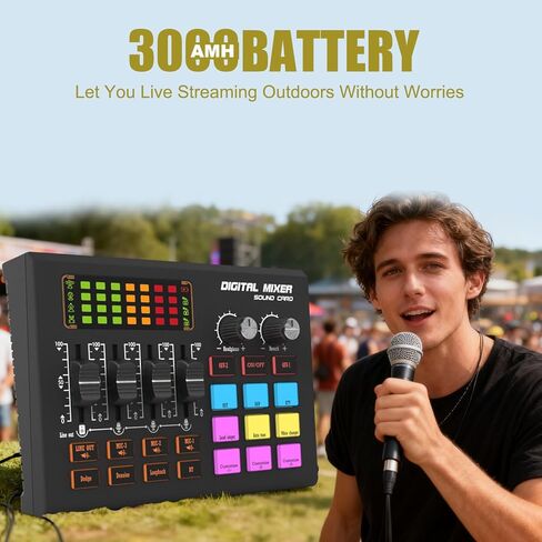 X10 Gaming Audio Mixer,3000mAh Audio Interface for PC Podcast Streaming Sound Board XLR Mic Input 2 48V Phantom Power Voice Changer Live Sound Card with DJ Mixer Effects(Black) in Saudi Arabia