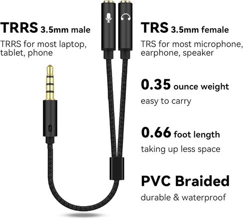 مقسم كابل صوت 3.5 ملم - محول سماعة الرأس، 3.5 ملم ذكر إلى 3.5 ملم أنثى 2 منافذ، سلك Aux لأجهزة iPhone Android والكمبيوتر المحمول Microhopone سماعات الأذن، كابل TRS TRRS in Kuwait