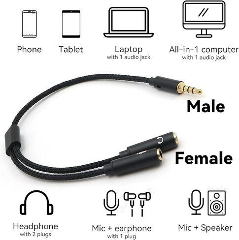مقسم كابل صوت 3.5 ملم - محول سماعة الرأس، 3.5 ملم ذكر إلى 3.5 ملم أنثى 2 منافذ، سلك Aux لأجهزة iPhone Android والكمبيوتر المحمول Microhopone سماعات الأذن، كابل TRS TRRS in Kuwait