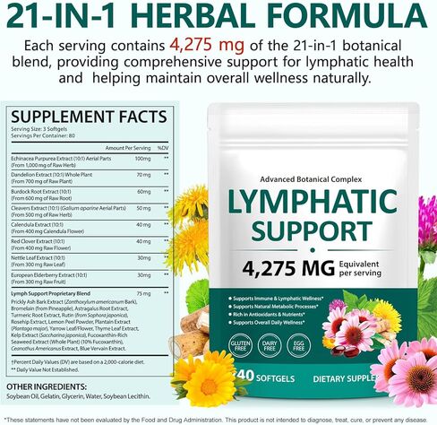 Lymphatic Drainage Supplements, 240 Softgels, Lymph System Support Supplement for Women & Men, 21-in-1 Herbal Blend with Echinacea, Burdock Root, Dandelion, Turmeric for Fluid Balance & Immune Support in Kuwait