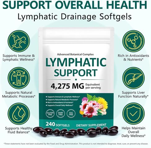 Lymphatic Drainage Supplements, 240 Softgels, Lymph System Support Supplement for Women & Men, 21-in-1 Herbal Blend with Echinacea, Burdock Root, Dandelion, Turmeric for Fluid Balance & Immune Support in Kuwait