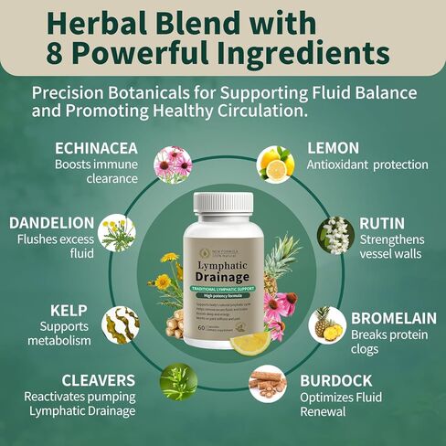 Lymphatic Drainage Supplement – Natural Herbal Formula with Dandelion, Burdock & Echinacea, Supports Fluid Balance, Immune Health & Cellulite Reduction – 60 Capsules in Saudi Arabia